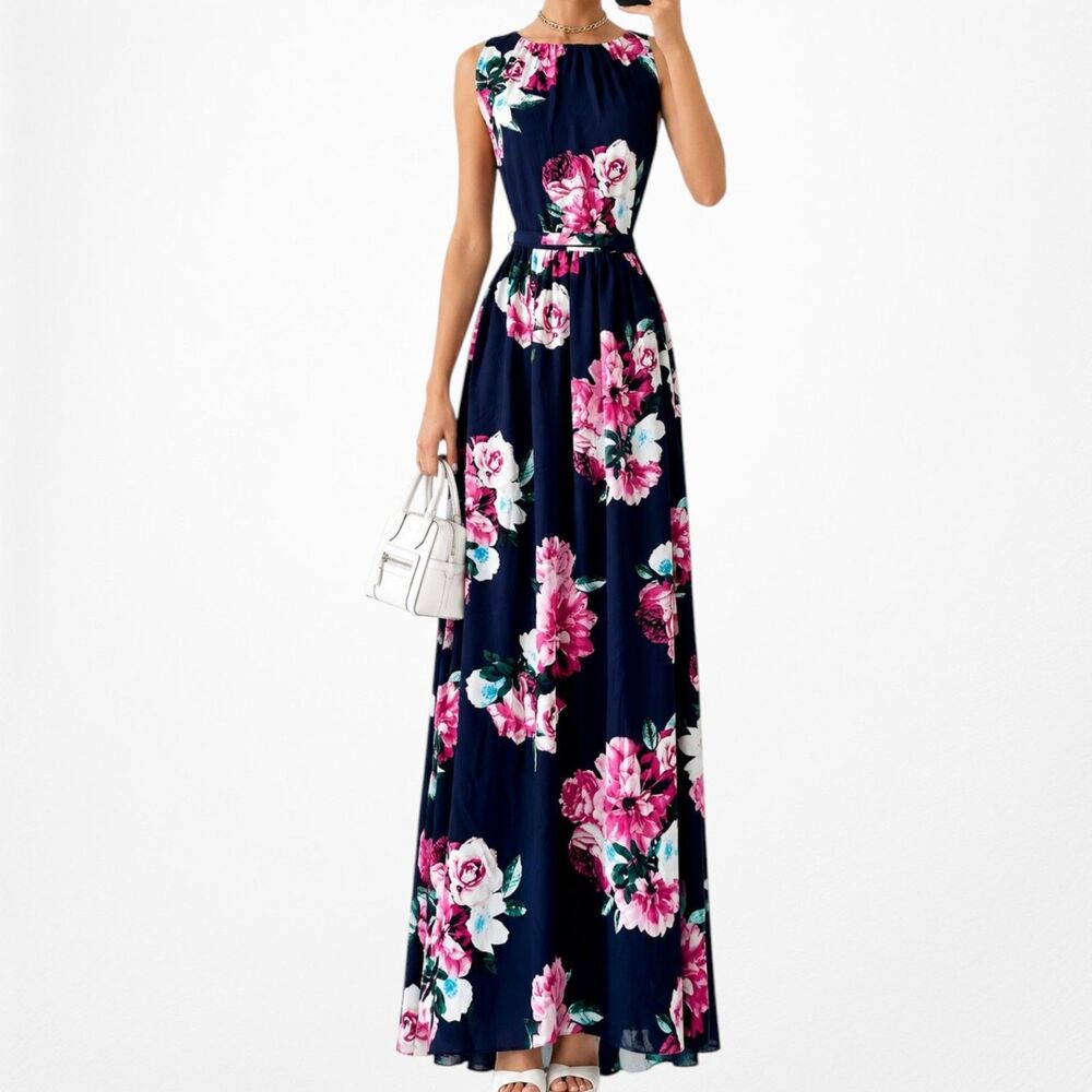 Vintage Y2K Sleeveless Navy Blue Pink Floral Flared Waist Tie Maxi Dress Size M - Picture 1 of 8